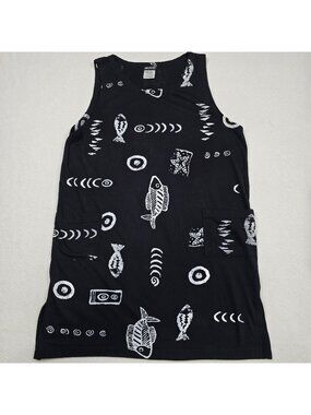 Ingear X Large Tank Dress Black Fish Print Whimsical Lightweight Art to Wear